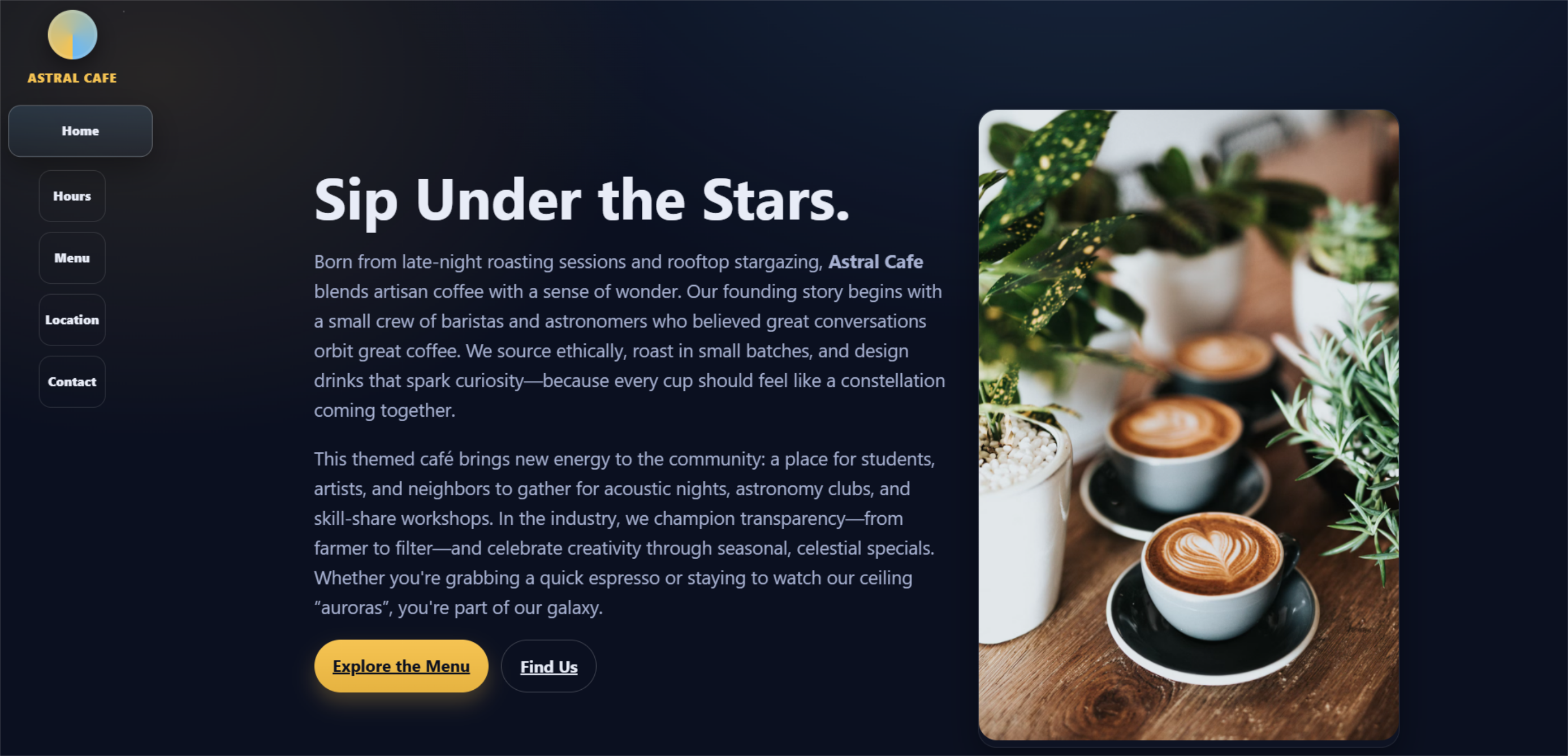 Cafe website highlighting menus and quick location.