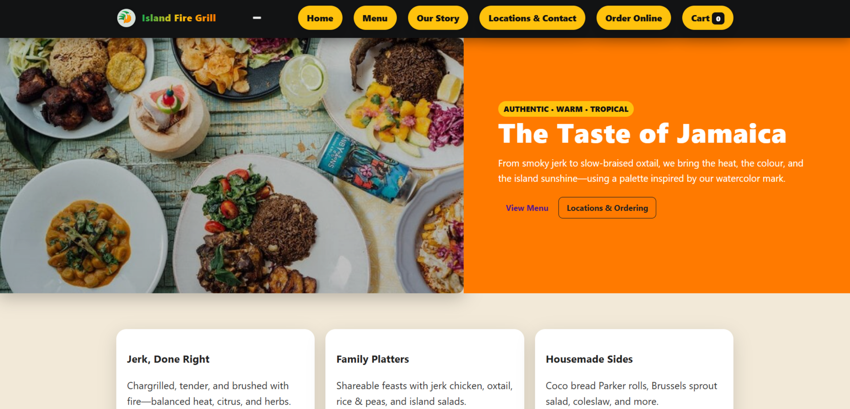 Homepage redesign for Island Fire Grill with bold hero, mobile menu, and order CTA