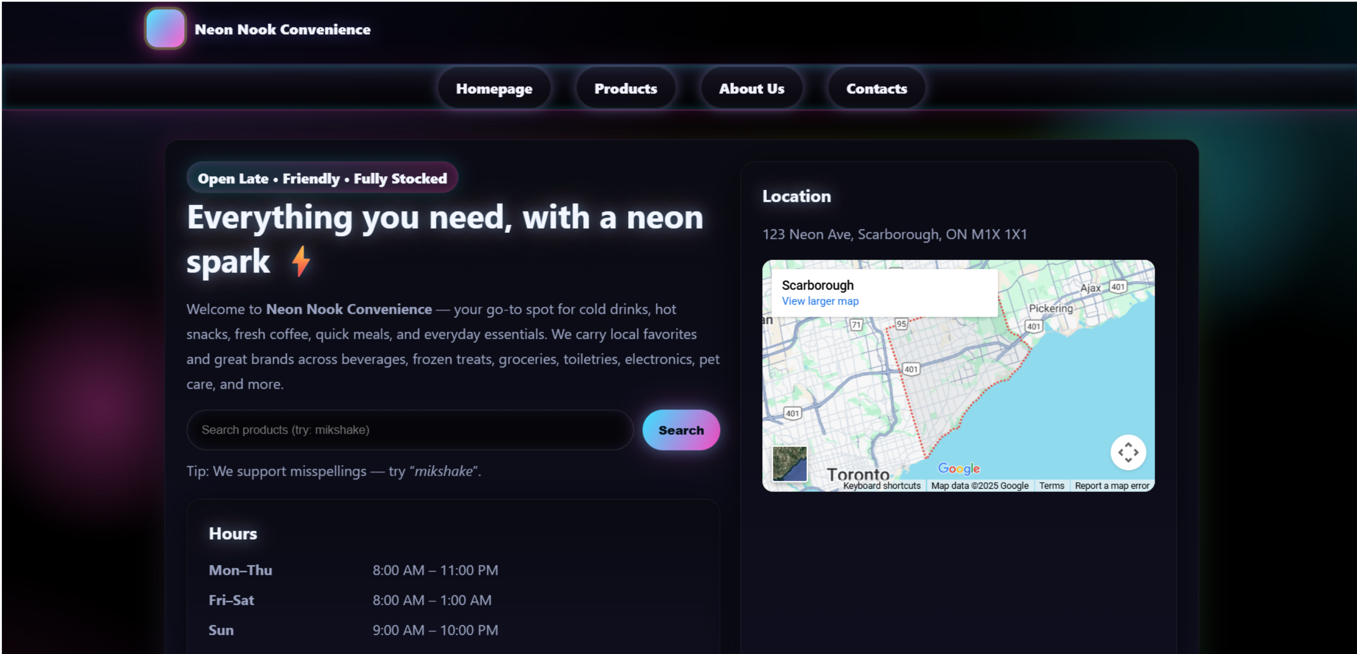 Convenience store website highlighting categories and quick contact actions
