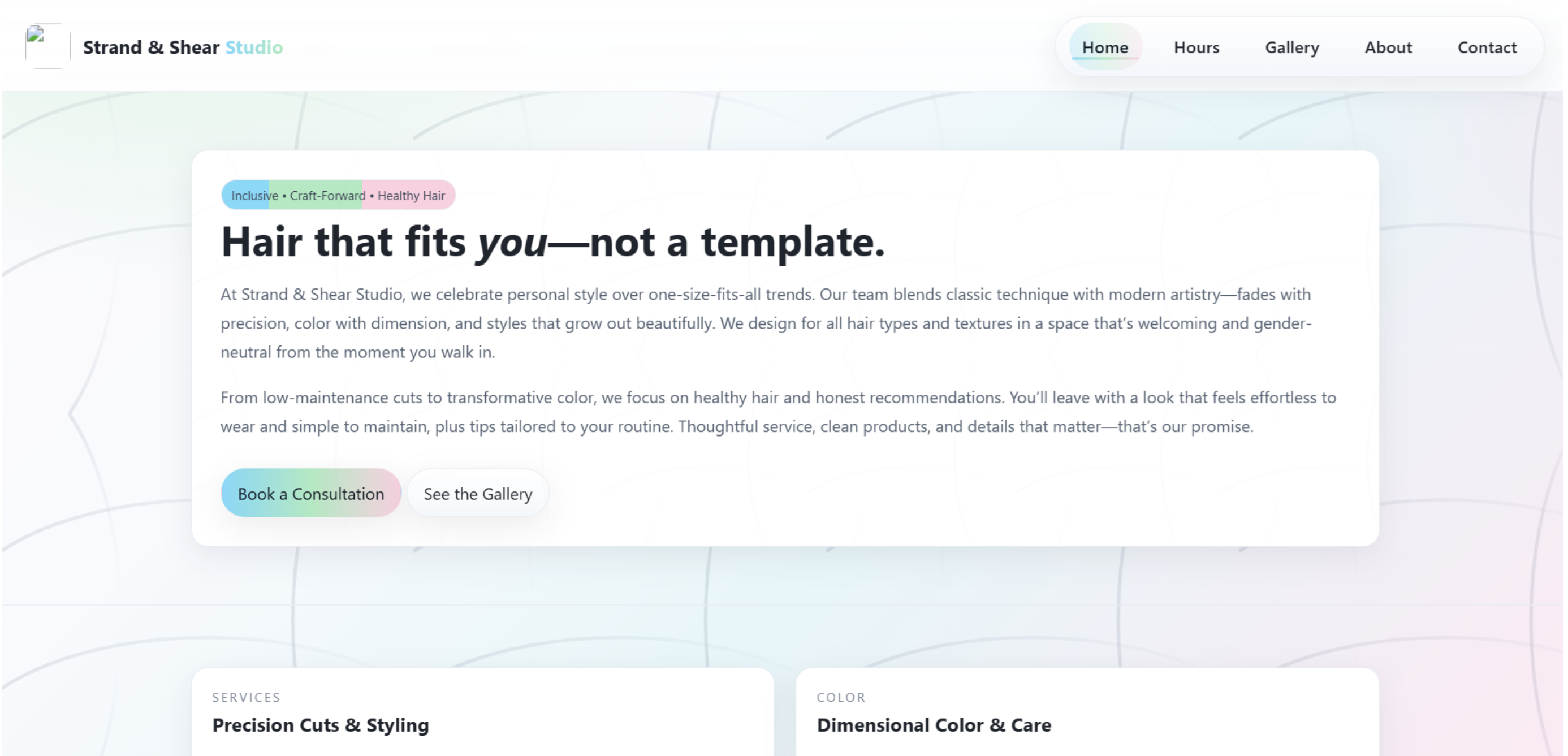 Pastel salon website with elegant typography and booking flow